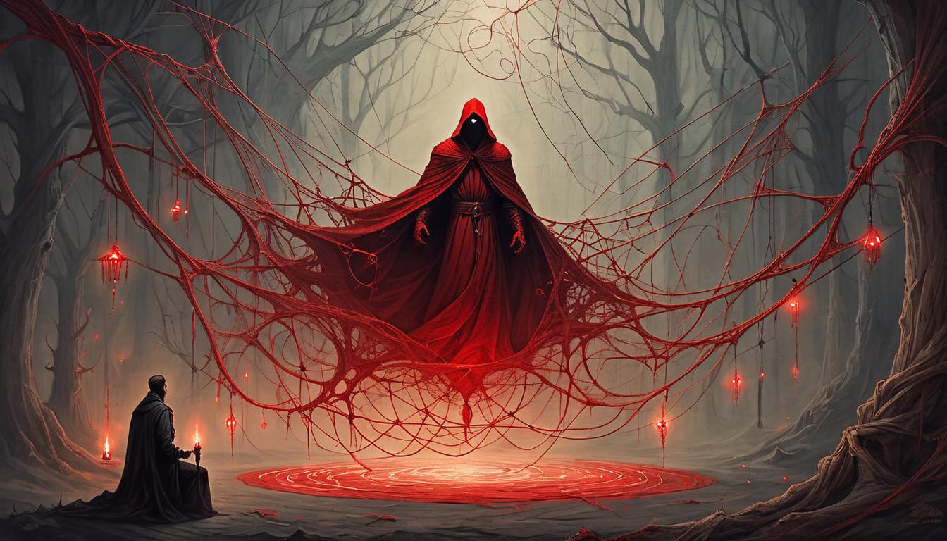  on parchment, surrealism+++, a tangled web of glowing red threads, ensnaring a shadowy figure, threads shimmering ominously, intricate, binding, inescapable fate(mysterious, provocative, symbolic,muted color)+++