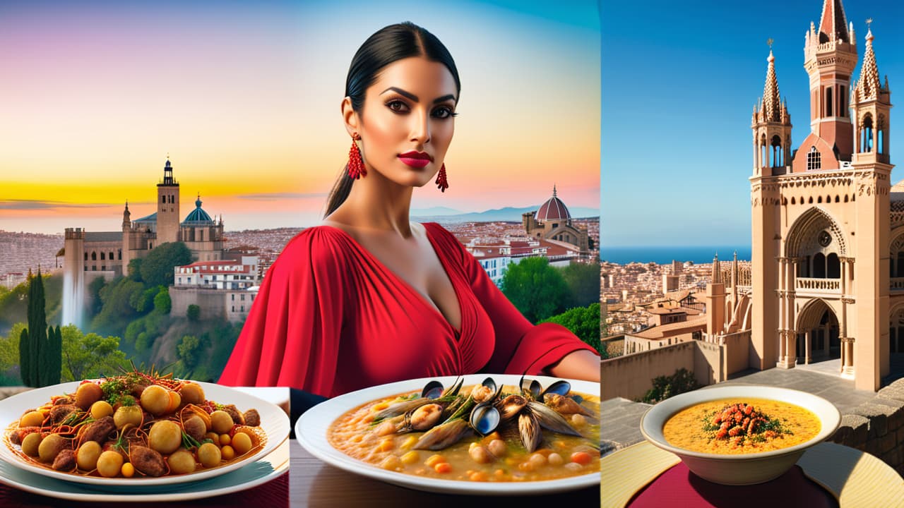  @ image prompt: "a vibrant collage showcasing the diverse regions of spain, featuring iconic architecture like the alhambra and sagrada familia, traditional dishes such as paella and pintxos, and cultural elements like flamenco dancers and bustling markets, all set against a backdrop of spain's varied landscapes." hyperrealistic, full body, detailed clothing, highly detailed, cinematic lighting, stunningly beautiful, intricate, sharp focus, f/1. 8, 85mm, (centered image composition), (professionally color graded), ((bright soft diffused light)), volumetric fog, trending on instagram, trending on tumblr, HDR 4K, 8K