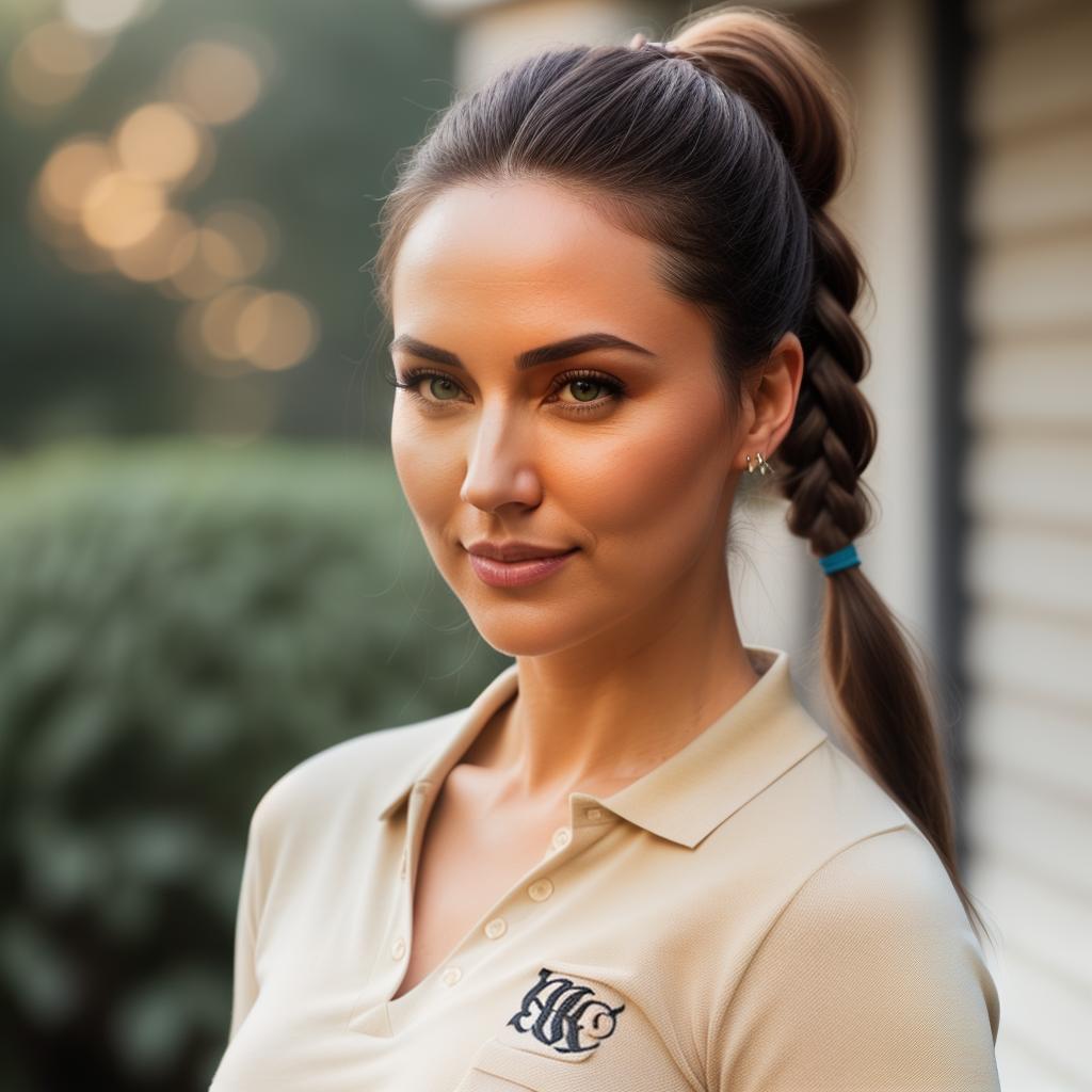  (((realistic full torso frontal head shot of a light beige to medium tan skin tone woman))), hedwig elena koch, ((caucasian heritage)), immature face, brown eye color, ((pigtails hair style)), ((black hair color)), ((curvy body type)), big size, small size, (immature small straight nose), (immature defined cheekbones), (immature soft jawline), (immature medium lips), (immature high forehead), (immature perfect symmetry), (immature dimpled chin), standing straight looking directly into the camera,((wearing fitted polo shirt with deep v neck and monogrammed pocket)), backyard in background, 1, best quality, highest quality, award winning photo, masterpiece, raw, professional photography, photorealism, sharp focus, cinemat hyperrealistic, full body, detailed clothing, highly detailed, cinematic lighting, stunningly beautiful, intricate, sharp focus, f/1. 8, 85mm, (centered image composition), (professionally color graded), ((bright soft diffused light)), volumetric fog, trending on instagram, trending on tumblr, HDR 4K, 8K