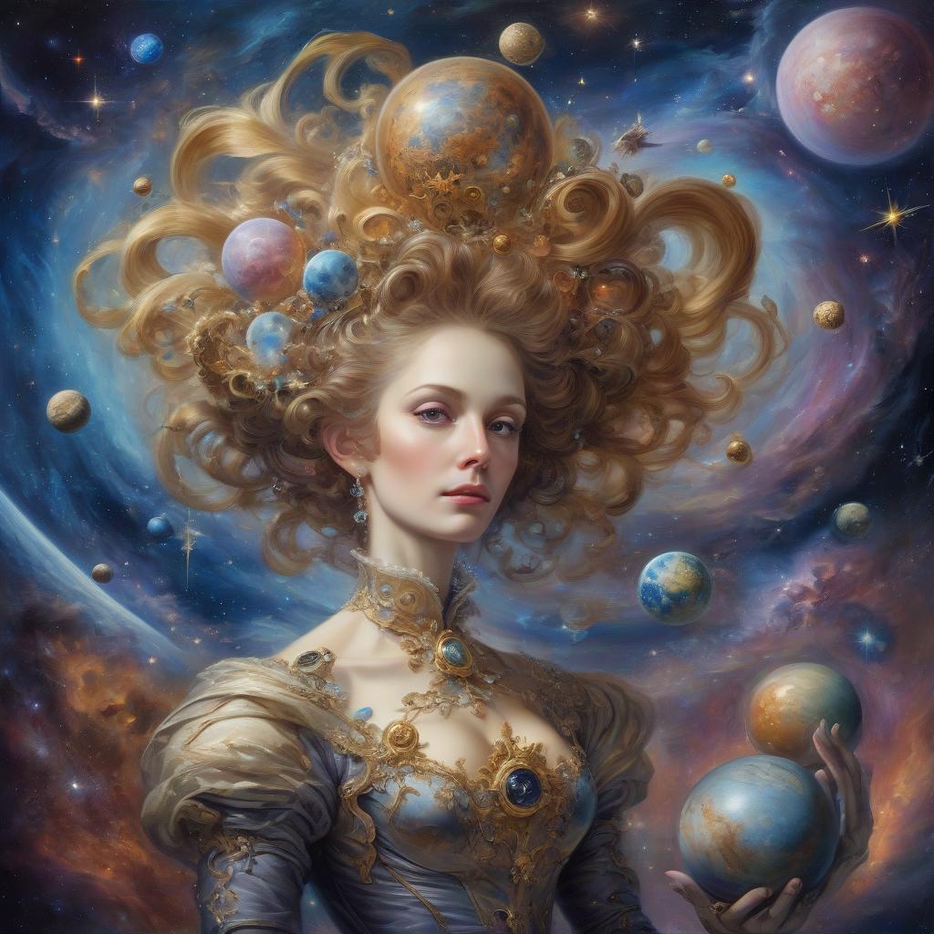  space themed rococo, oil, canvas, high quality image, city madwoman . cosmic, celestial, stars, galaxies, nebulas, planets, science fiction, highly detailed