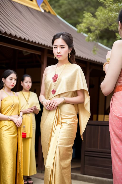  a tall, beautiful woman with fair skin stands in front of doi suthep pagoda., sabai,jewelry,thailand tradition dress advertising photo,high quality, good proportion, masterpiece , the image is captured with an 8k camera