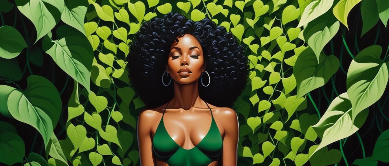  minimalism, a beautiful black woman surrounded by green vines. their entire body., abstract, simple geometic shapes, hard edges, sleek contours, minimalism