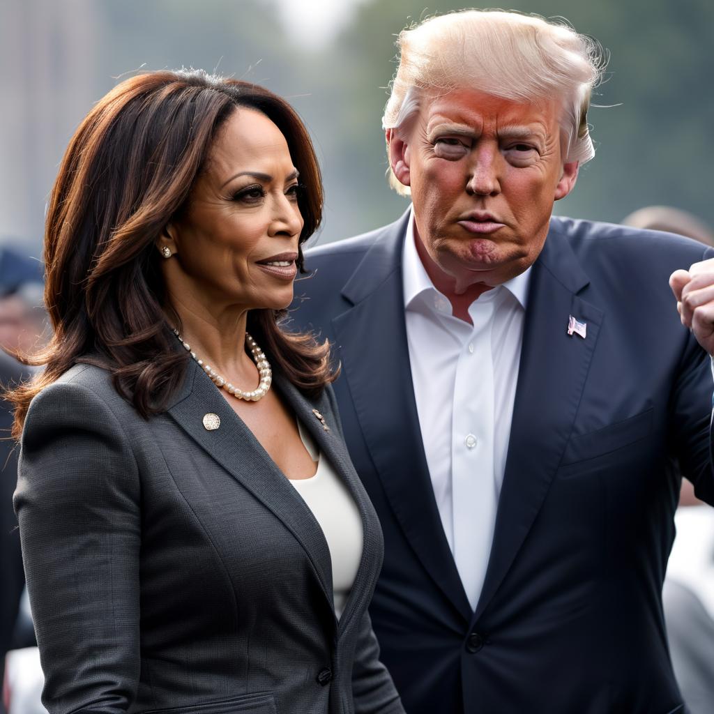  trump vs kamala harris and trump is giving her the knockout punch  hyperrealistic, full body, detailed clothing, highly detailed, cinematic lighting, stunningly beautiful, intricate, sharp focus, f/1. 8, 85mm, (centered image composition), (professionally color graded), ((bright soft diffused light)), volumetric fog, trending on instagram, trending on tumblr, HDR 4K, 8K