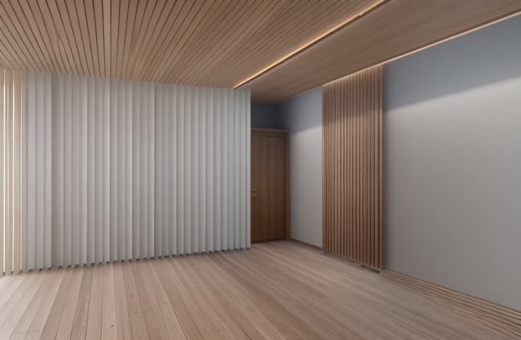  wooden slat wall panel on one side of the wall. the panel is made of light colored wood, possibly oak, and features vertical slats with equal spacing between them. the slats are thin, elongated, and evenly distributed, creating a uniform pattern. floor, and ceiling will remain untouched hyperrealistic, full body, detailed clothing, highly detailed, cinematic lighting, stunningly beautiful, intricate, sharp focus, f/1. 8, 85mm, (centered image composition), (professionally color graded), ((bright soft diffused light)), volumetric fog, trending on instagram, trending on tumblr, hdr 4k, 8k