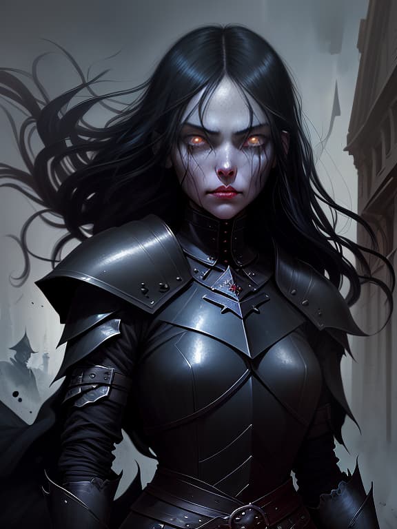  girl, black hair like night, hanging down to the back, developing in the wind. the face has a beautiful outline, eyes bright blue. dressed in black armor, wearing gloves., dark , creepy , blood , monsters , by jason engle , carlos huante , charlie bowater , simon lee , brom