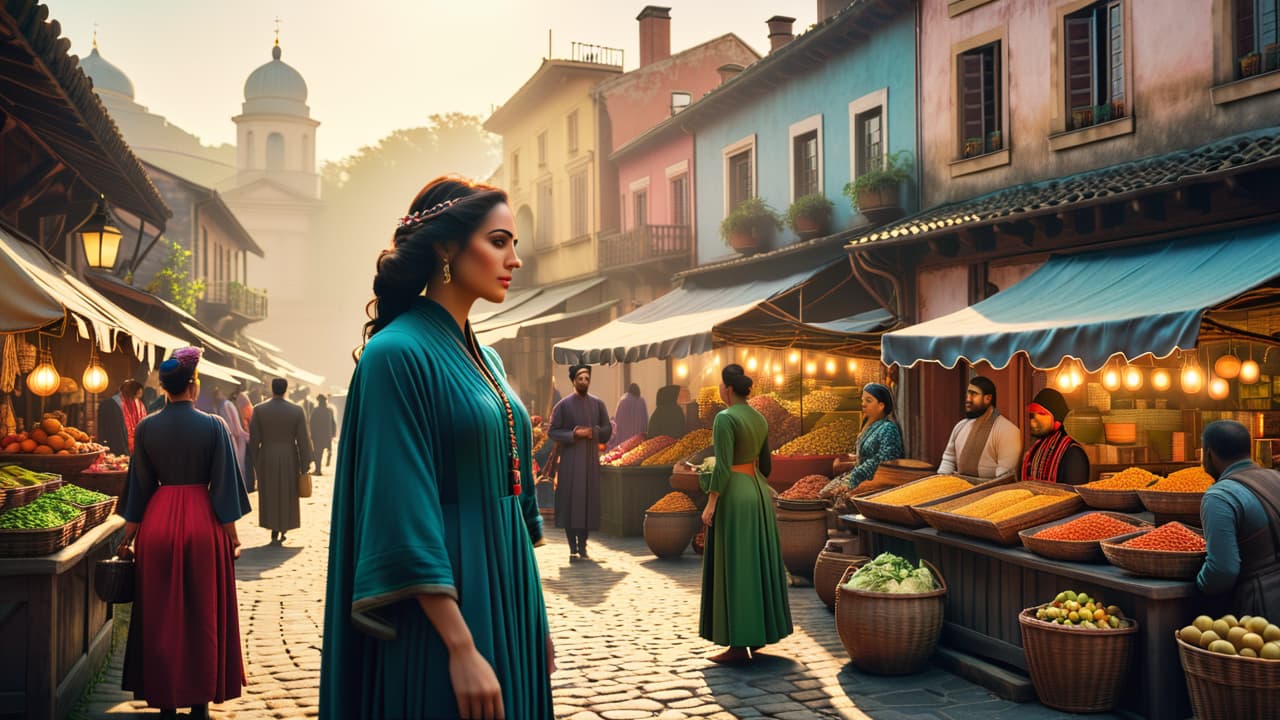  a vibrant market scene showcasing diverse cultural artifacts, traditional clothing, and local cuisine, with people from various backgrounds interacting, set against a backdrop of historical architecture and lush landscapes. hyperrealistic, full body, detailed clothing, highly detailed, cinematic lighting, stunningly beautiful, intricate, sharp focus, f/1. 8, 85mm, (centered image composition), (professionally color graded), ((bright soft diffused light)), volumetric fog, trending on instagram, trending on tumblr, HDR 4K, 8K