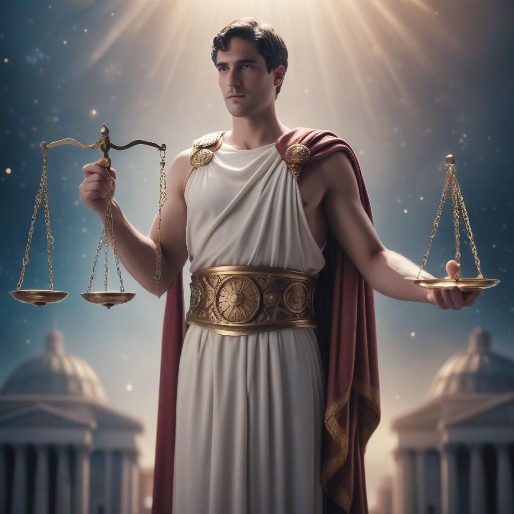  cinematic photo a man dressed in a roman toga, background of cosmos, in his right hand are the scales of justice, and instead of a head he has an hourglass . 35mm photograph, film, bokeh, professional, 4k, highly detailed, hkmagic