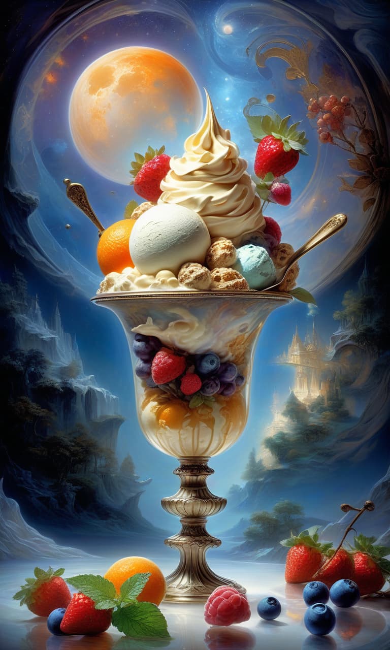  space themed digital art, (double exposure:1.3). multi colored balls of creamy ice cream in elegant crystal vase ((cream: 1.5) with (frost effect: 1.5)) with an orange slice, wafer pieces, chocolate chips, strawberries, blueberries, blackberries, raspberries, a mint leaf, a cinnamon stick, a smoky fractal, an elegant silver spoon. effectmagic, mysticism, fairy tales, in the environment of fantasy art, arabesques, sparkle, a splash of fantasy, unearthly lighting effects, a breathtaking color palette, extremely detailed, in high resolution 10k. surrealism, realism, fantasy, baroque, renaissance. imagination and skill. in the manner of julia dillon, van gogh, salvador dali, mika asai, alfons mucha, robert bateman, thomas kinkade, fragonard. . 