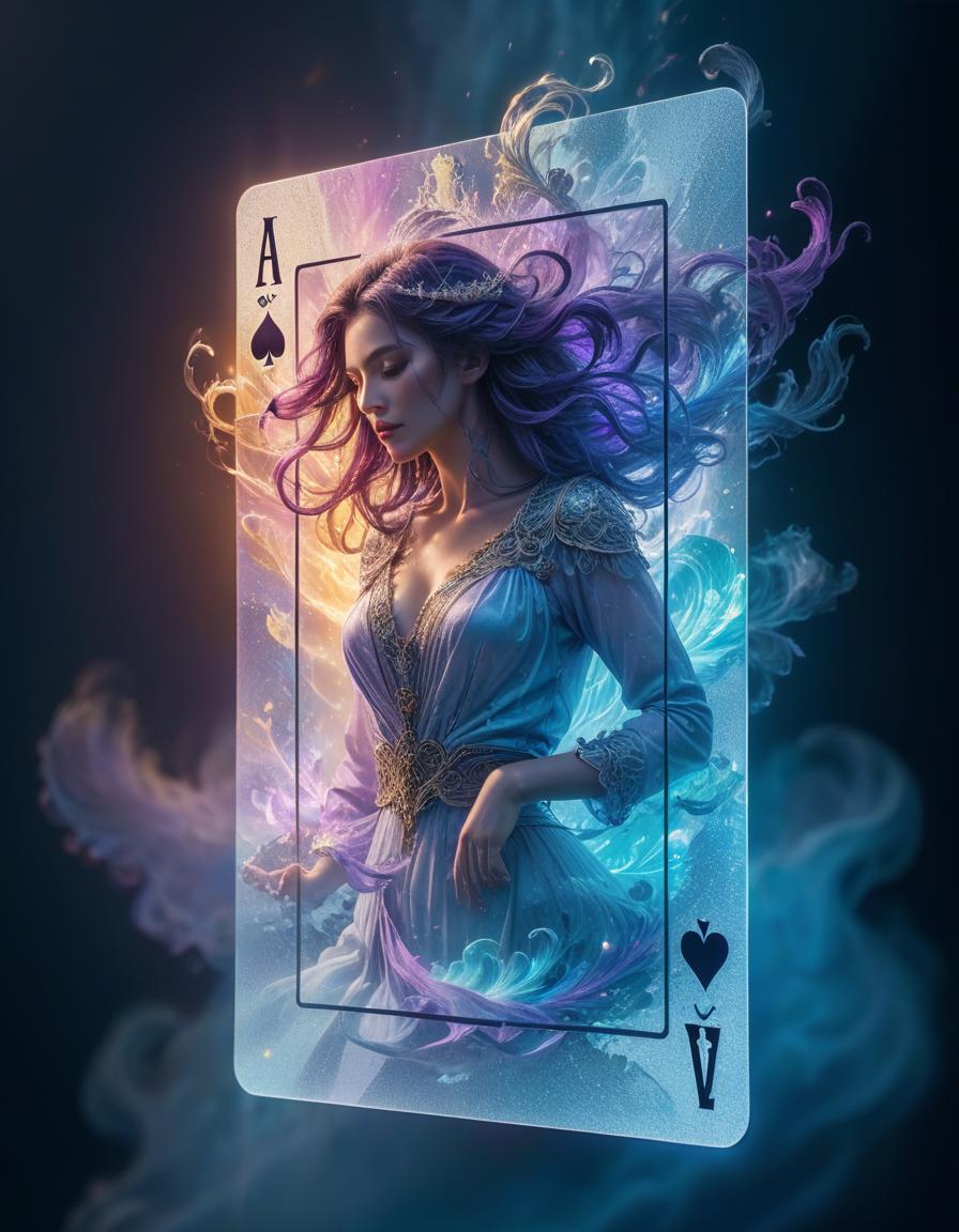  (masterpiece, 8k, uhd, photorealistic:1.3), playing card, intricate design, (vibrant colors:1.2), double exposure effect, ethereal character dissolving into the card surface, (flowing hair:1.1), (mystical aura:1.2), layered image with a soft blur, dissolving visual effect highlights, whimsical patterns swirling around, (deep blues and purples:1.3), (glowing edges:1.2), surreal atmosphere, (fantasy elements:1.1), dynamic composition, looking down from above, blending reality with imagination, rich textures and layers, enchanting., civitai hyperrealistic, full body, detailed clothing, highly detailed, cinematic lighting, stunningly beautiful, intricate, sharp focus, f/1. 8, 85mm, (centered image composition), (professionally color graded), ((bright soft diffused light)), volumetric fog, trending on instagram, trending on tumblr, HDR 4K, 8K