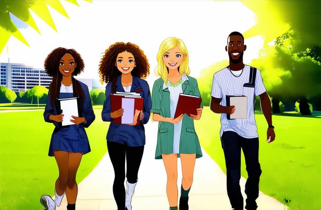  1 dark curly haired student girls and 1 african guy and 1 blonde hair walk next to each other and smile in the sun rays near the university campus, holding notebooks in their hands / np (deformed, distorted, disfigured:1.3), poorly drawn, bad anatomy, wrong anatomy, extra limb, missing limb, floating limbs, (mutated hands and fingers:1.4), (text, watermark:1.1), disconnected limbs, mutation, mutated, ugly, disgusting, blurry, amputation ar 3:2 {prompt}, maximum details