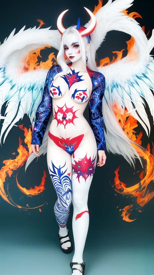  Full body red and Blue flame pattern body paint,White body paint on the whole body, White face paint on the face, succubus 女性