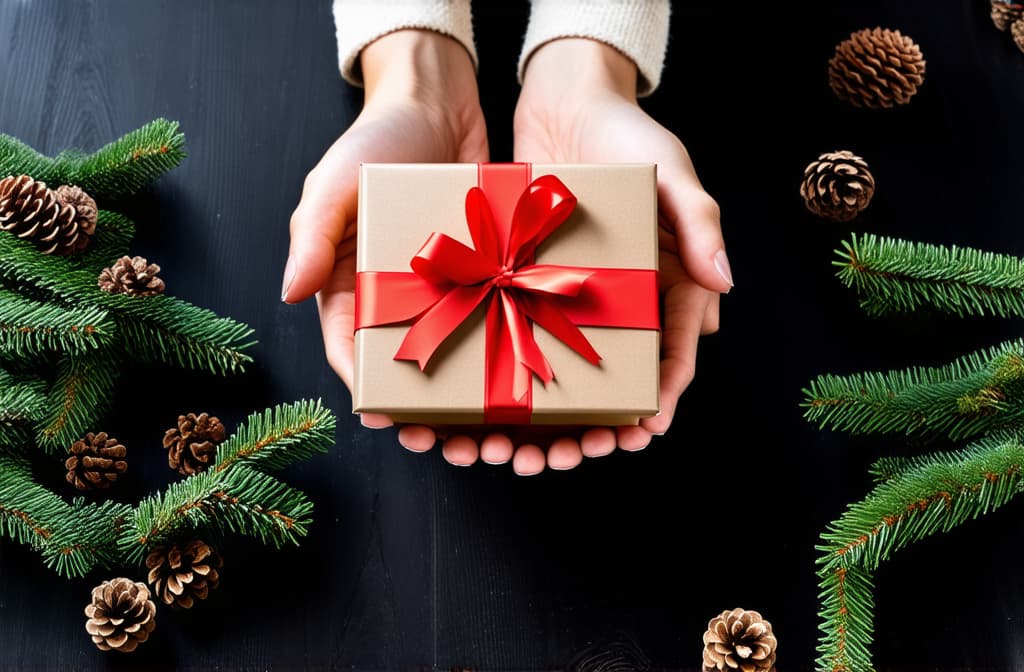  professional detailed photography, top view of girl's hands holding gift box with ribbon over dark table with spruce branches and pine cones scattered around ar 3:2, (muted colors, dim colors, soothing tones), (vsco:0.3)