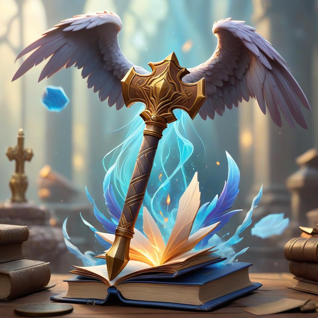  ethereal fantasy concept art of battle hammer, wings, religious book, occult accessories, cleric rpg class minimal badge . magnificent, celestial, ethereal, painterly, epic, majestic, magical, fantasy art, cover art, dreamy, sticker