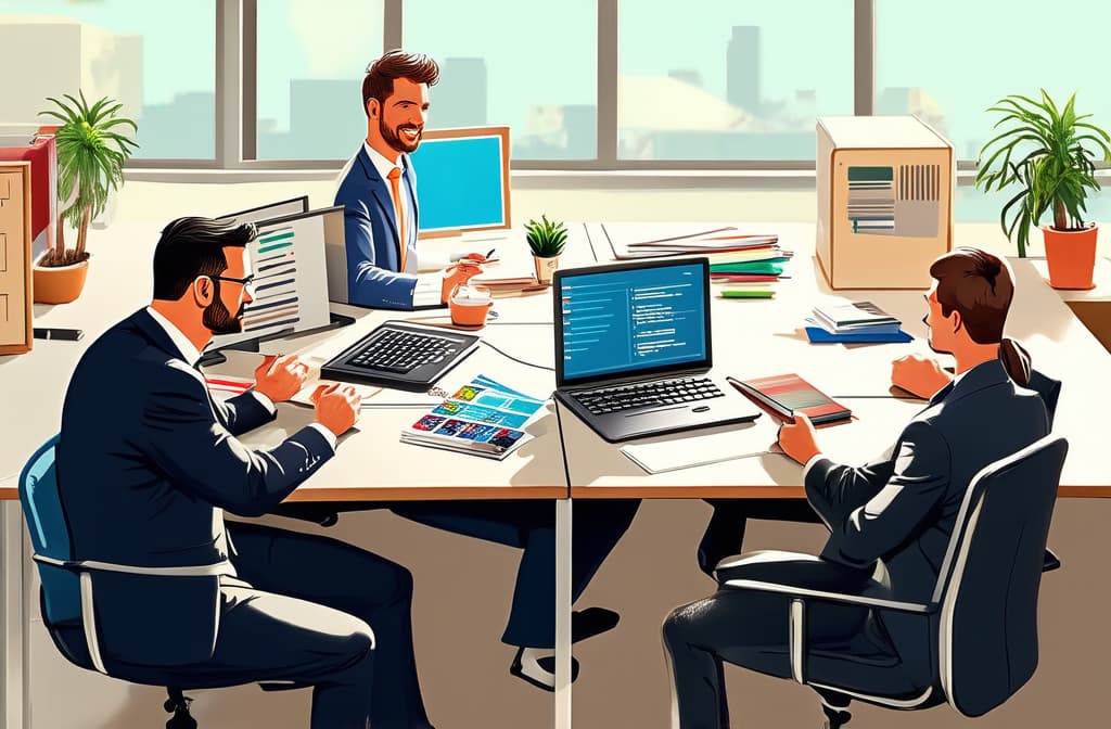  professional detailed photography, people working in office. business illustration representing busy life ar 3:2, (muted colors, dim colors, soothing tones), (vsco:0.3)