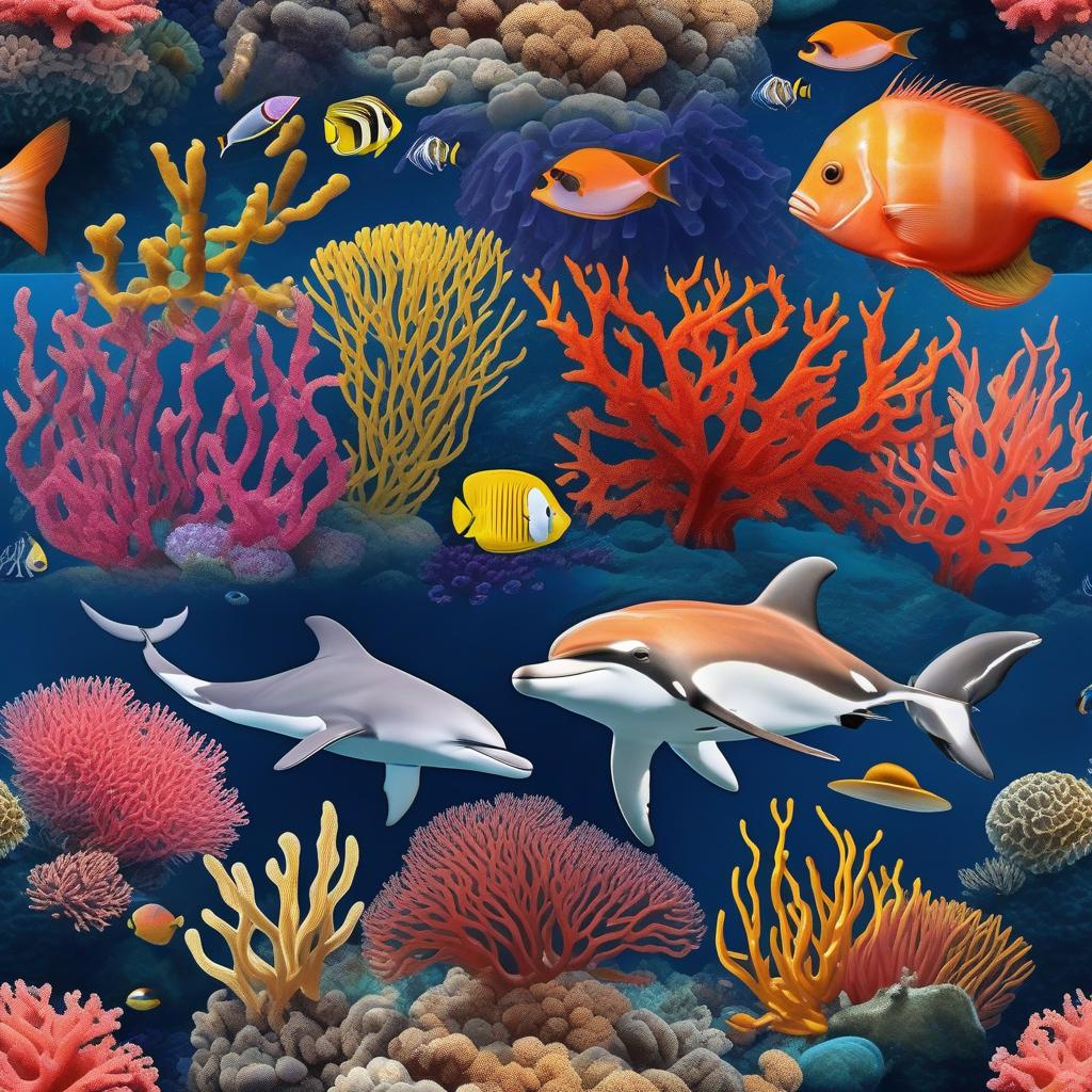  masterpiece, best quality, Most Beautiful in deep sea teeming with vibrant corals, diverse marine life, and enchanting underwater landscapes, full of corals, acrophore, small fishes, anemones, dolphin, various algaes, caves, colorful,all captured in stunning 8k resolution with intricate details.