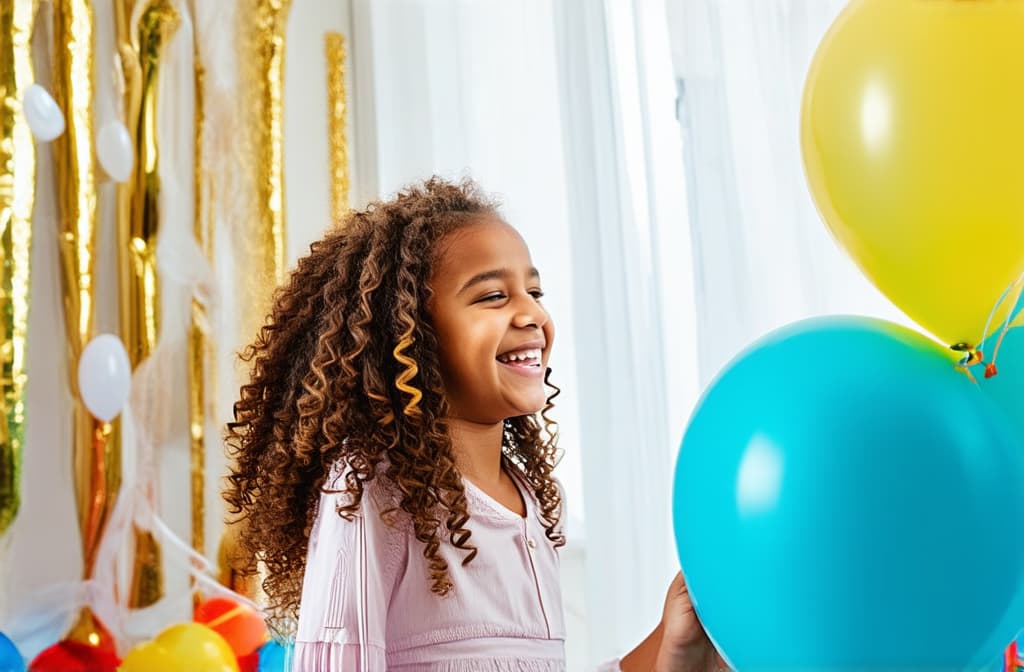  professional detailed photography, happy girl with curly hair looking at balloons, birthday party ar 3:2, (muted colors, dim colors, soothing tones), (vsco:0.3)