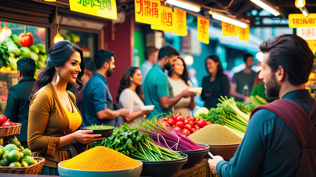  a vibrant market scene showcasing diverse vegan dishes from around the world: colorful plant based meals, fresh vegetables, spices, and herbs, with people enjoying food and exchanging recipes amidst a lively atmosphere. hyperrealistic, full body, detailed clothing, highly detailed, cinematic lighting, stunningly beautiful, intricate, sharp focus, f/1. 8, 85mm, (centered image composition), (professionally color graded), ((bright soft diffused light)), volumetric fog, trending on instagram, trending on tumblr, HDR 4K, 8K