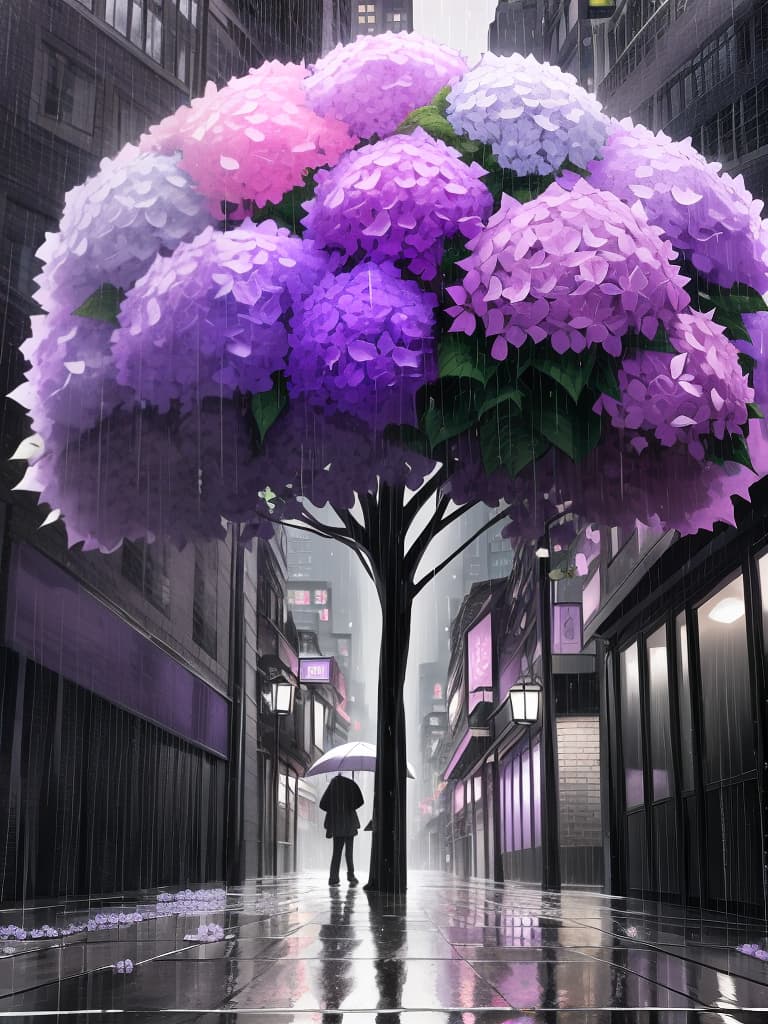  background of monochrome, rainy city, purple hydrangea, realistic, clear purple