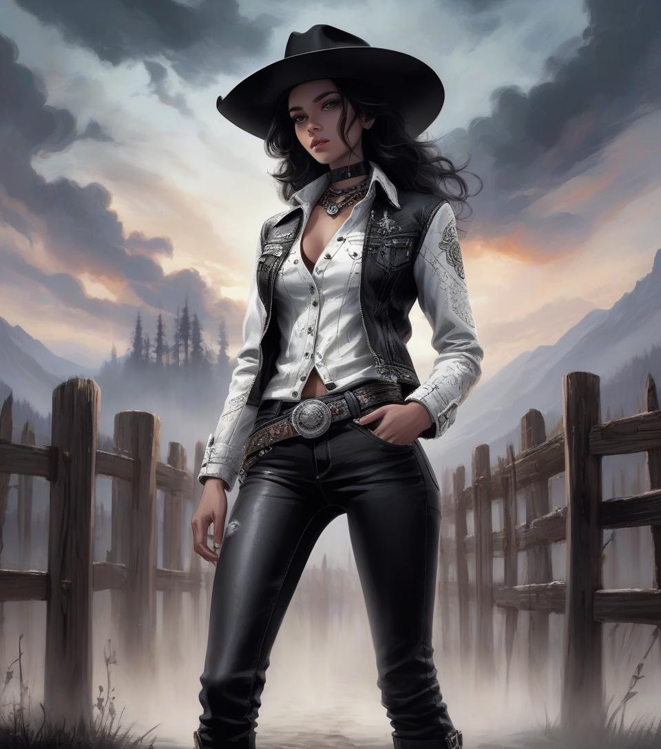  a stunning dark fantasy concept art piece featuring a close up portrait of a fashionable woman. her black and white leather cowhide jacket, white denim shirt, and matching black jeans are accessorized with a black cowboy hat, a statement necklace, and a belt adorned with an intricate buckle. her wavy black hair cascades down her shoulders, framing her intense, distant gaze. she stands before a rustic wooden fence, against a backdrop of a mesmerizing artistic sky, achieved through skillful brushstrokes. the overall atmosphere exudes a sense of mystery and intrigue.