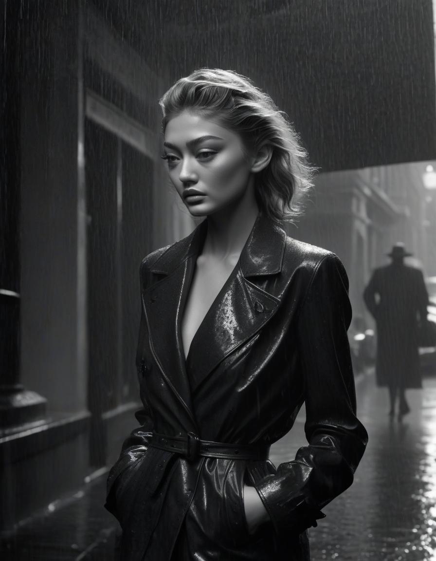  film noir style gigi hadid stands alone in the rain and hugs herself . monochrome, high contrast, dramatic shadows, 1940s style, mysterious, cinematic