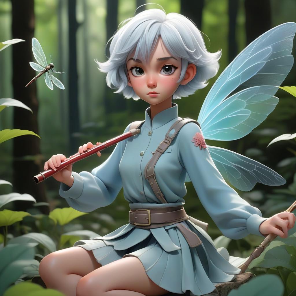  anime artwork in the forest on a peony flower sits fairy with gray short hair in light blue travel clothes, at her waist there is a belt with a flute mount. also behind her are transparent wings, similar wings of a dragonfly. . anime style, key visual, vibrant, studio anime, highly detailed