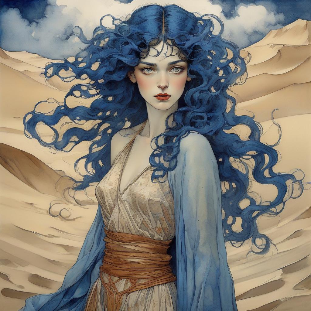  mucha paint a beautiful woman in sand desert stormy, watercolor and ink imperial colors, art deco by annigoni, egon schiele, milo manara, botticelli, catrin welz stein, jean metzinger, klimt, perfect eyes, perfect handsface, highly detailed, splatter, dynamic pose, dark blue background