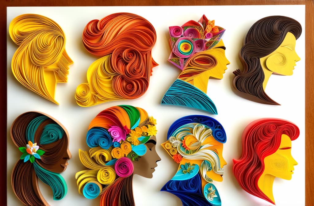  different beauty. women's heads of different nationalities. in quilling style. ar 3:2 {prompt}, maximum details