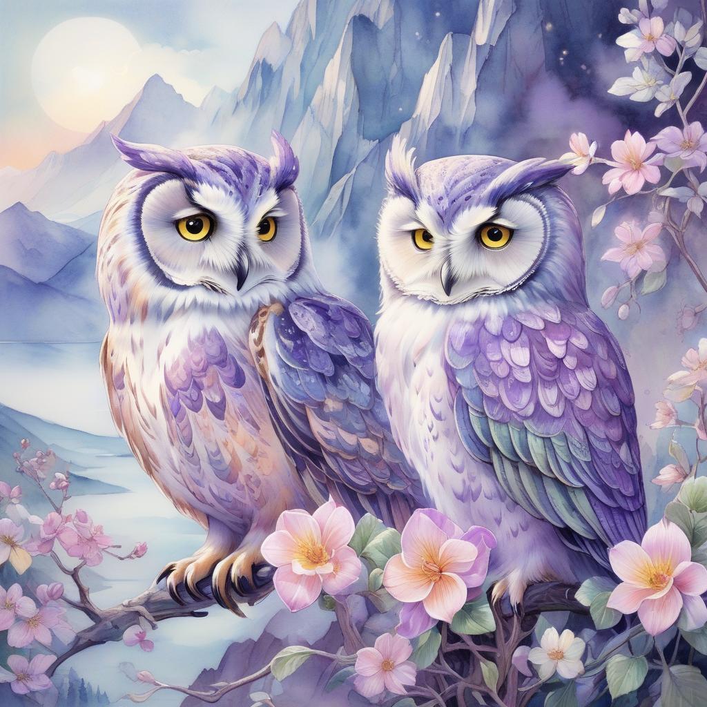  the softness of everything that's peace, beautiful thoughtful owl, anatomically correct, spring's soft sea view, watercolor style of yelena yushina and kaoru yamada, mountains and stalight, windy luminous, silver lighting, dreamy and magical, highly detailed, very soft colors, soft edges, mist. realistic, blossoming, anatomically correct, soft silver violet palette