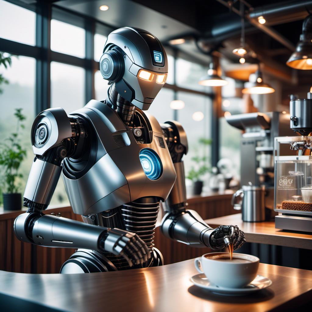  futuristic robot making coffee in a cafe, ((nature)) hyperrealistic, full body, detailed clothing, highly detailed, cinematic lighting, stunningly beautiful, intricate, sharp focus, f/1. 8, 85mm, (centered image composition), (professionally color graded), ((bright soft diffused light)), volumetric fog, trending on instagram, trending on tumblr, HDR 4K, 8K