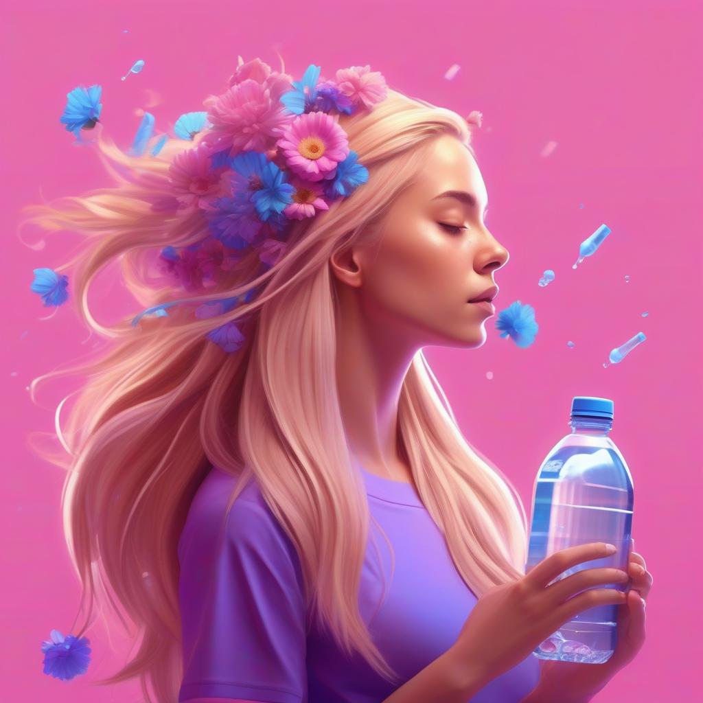  art of fantasy sporty girl with flowers inside her head like her thoughts and growing from her long very thick blondy hair, hair fluttering in the wind realistic with bottle of water in her hands pink and blue and purple colors on the background cartoon style 3d, hq, 4k for modern mobile app