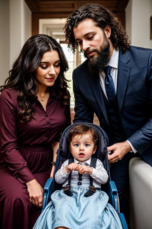  you see two parents from head to toe looking at their child in the cradle. he is wearing a suit and has a beard, while she is wearing a long dress and has curly hair that falls over her shoulders., hq, hightly detailed, 4k