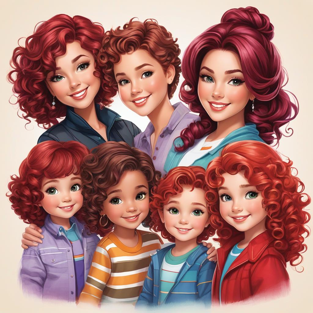  animated red wine curly hair mom with her 5 kids being the boy the smallest age 4 and two girls age 6 & 8 and another daughter age 14 and the oldest boy age 16, award winning, professional, highly detailed, masterpiece