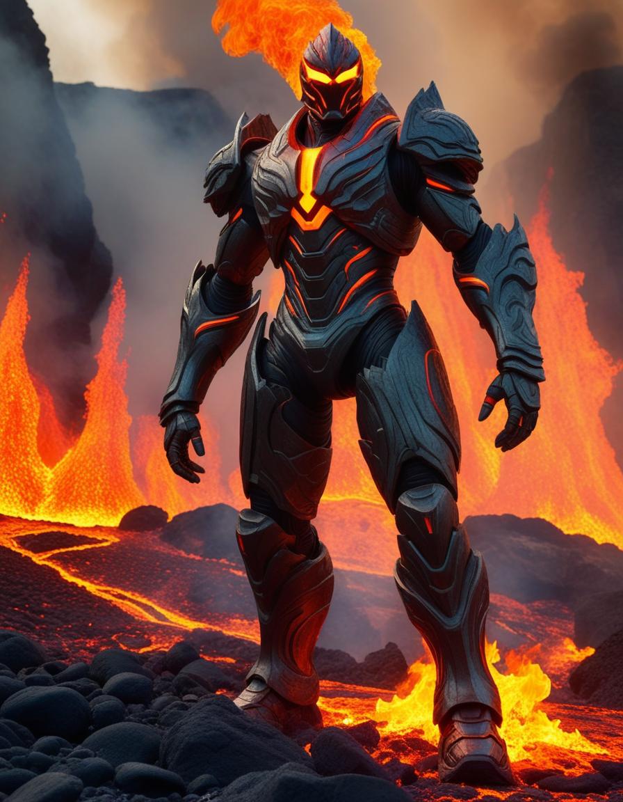  humanoid with fiery limbs., standing confidently, emanating heat., determined, break a humanoid with fire for limbs., volcanic landscape, lava, rocks, and ash, break intense and fiery, glowing embers, wisps of smoke,