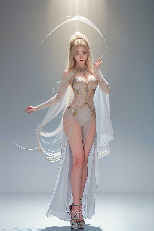  a 3d cgi image of a serene, ethereal woman with a perfect body. her flowing hair is made of liquid gold and she is wearing a form fitting, metallic, intricate transparent garment that melds with her hair. the background is minimalistic and gradient, with warm tones and soft lighting that accentuates her flawless, porcelain like skin, creating a radiant glow. the image is ultra hyper realistic with high contrast light and high detail. the style is fantasy with a serene and ethereal mood. the image is a full body digital artwork by artist guweiz. the image is high resolution—zoom fit., advertising photo,high quality, good proportion, masterpiece , the image is captured with an 8k camera