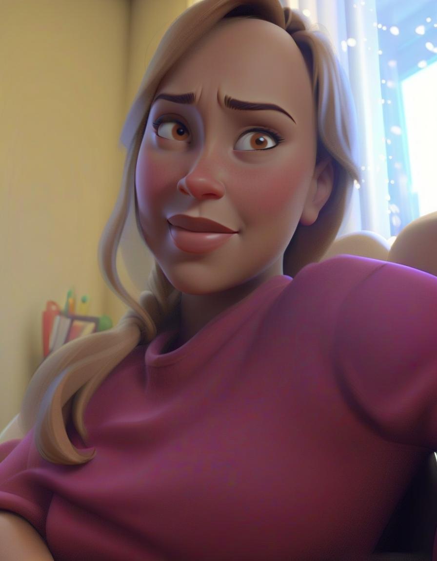  professional 3d model image in the style of pixar cartoons. the woman's face remains unchanged, as in the original photo. modest smile. plump lips. brown eyes. improve image contrast and add colors. . octane render, highly detailed, volumetric, dramatic lighting