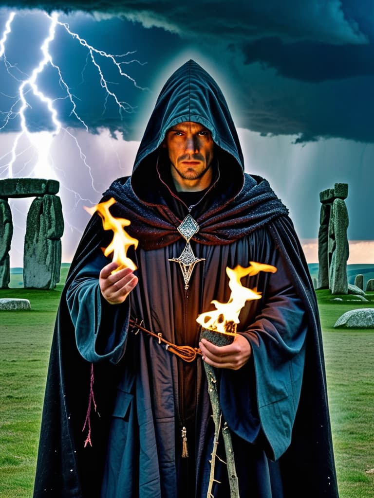  Pagan warlock, facing viewer, wearing a hooded cloak, his face hardened, eyes cold, a scar runs down the left side of his face; standing at an alter, conjuring a fire elemental from within Stonehenge during a thunder and lightning storm