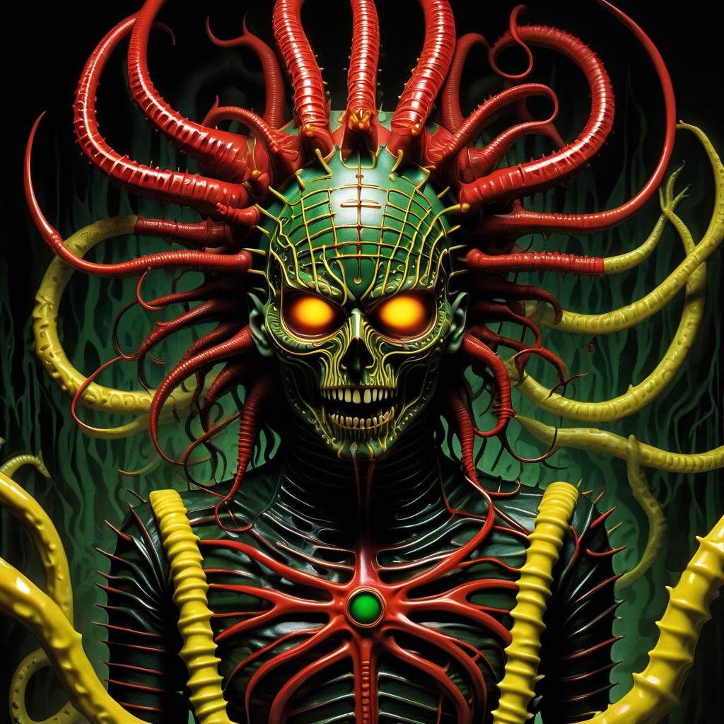  stacked papercut art of (hellraiser) whisperer giger demon looks scary prickly red watch in yellow smoke and green sparks suction cups tentacles eyes all over the body lower jaw sting tentacles claws and a terrible moan in red smoke in yellow rings of green steam the wound flows with mucus juice . 3d, layered, dimensional, depth, precision cut, stacked layers, papercut, high contrast