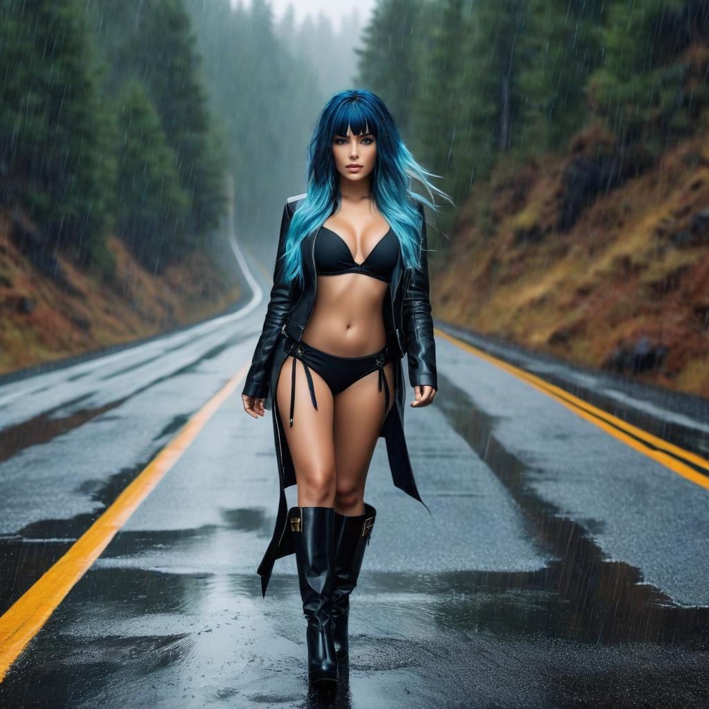  rainy highway background in forest, woman with black and blue hair, black bikini, ans, boots, garter photo realistic, highly intricate and detailed, masterpiece, ultra high res,photography,8k resolution