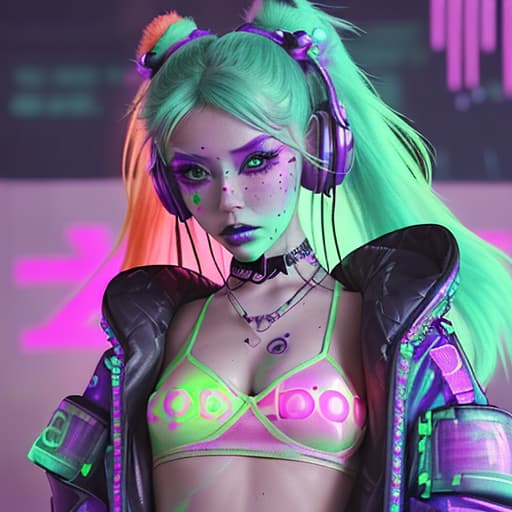  a close up of a woman wearing a bright outfit with headphones, fashion neon light, raver girl, bold rave outfit, dripping in neon paint, cyberpunk fashion clothing, cyberpunk angry gorgeous druid, maximalist fashion, kerli koiv as anime girl, very beautiful cyberpunk samurai, cute rave outfit, fun rave outfit, neon style, cyberpunk fashion