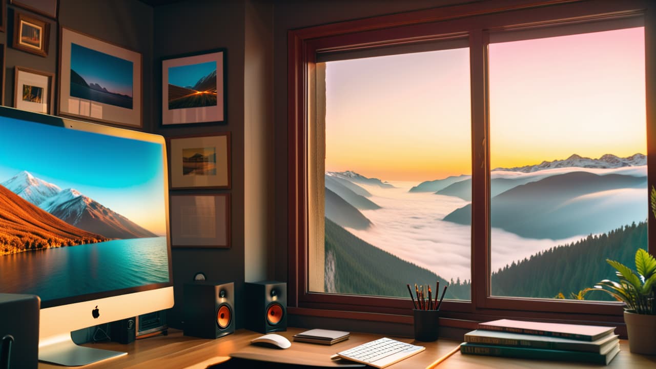  a vibrant stock photography workspace featuring a computer screen displaying a shutterstock dashboard, surrounded by colorful prints of diverse subjects like landscapes, portraits, and food, with a camera and lens nearby. hyperrealistic, full body, detailed clothing, highly detailed, cinematic lighting, stunningly beautiful, intricate, sharp focus, f/1. 8, 85mm, (centered image composition), (professionally color graded), ((bright soft diffused light)), volumetric fog, trending on instagram, trending on tumblr, HDR 4K, 8K