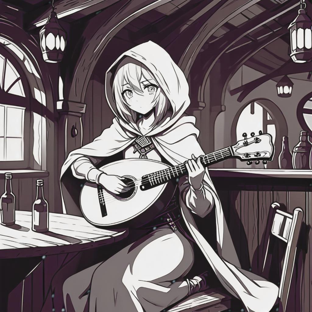  line art drawing stranger girl in hood with lute in tavern, dnd, same nightmare. anime style . professional, sleek, modern, minimalist, graphic, line art, vector graphics