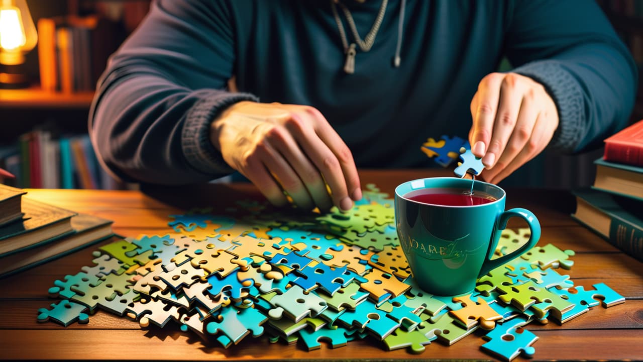  an intricate jigsaw puzzle in progress, with vibrant, scattered pieces on a wooden table. a focused person's hands delicately fitting pieces, surrounded by a cozy, warmly lit room filled with books and a steaming cup of tea. hyperrealistic, full body, detailed clothing, highly detailed, cinematic lighting, stunningly beautiful, intricate, sharp focus, f/1. 8, 85mm, (centered image composition), (professionally color graded), ((bright soft diffused light)), volumetric fog, trending on instagram, trending on tumblr, HDR 4K, 8K