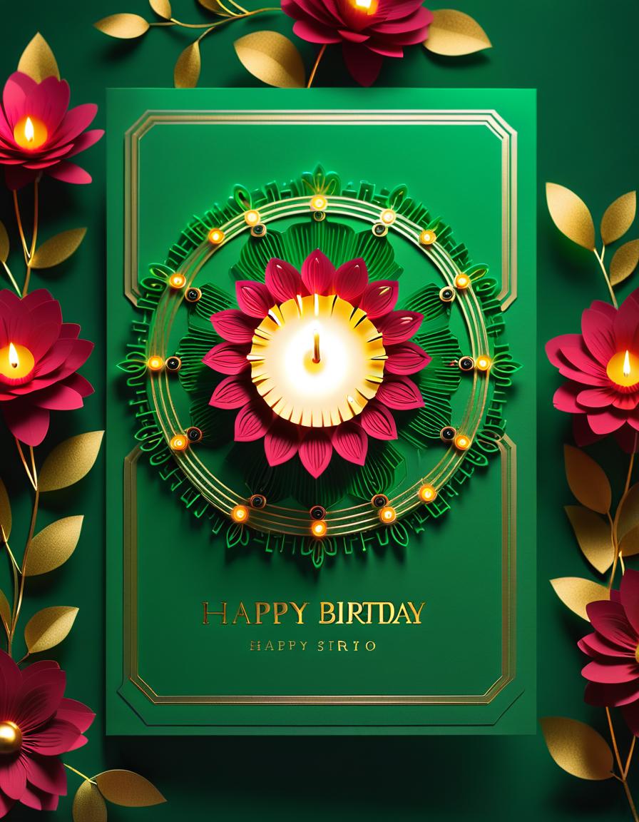  ethereal fantasy concept art of (birthday greeting card:1.5), card design: green background with (decorated with electronics style pcb tracks ). in the center of the card is a flower shaped computer processor, there is an inscription on top of the postcard text "microelectronics", (computer processor:1,1), (led:1,2), led color:golden, silvery white, burgundy, green. (style) :fantasy, design art, retro, postcards. . magnificent, celestial, ethereal, painterly, epic, majestic, magical, fantasy art, cover art, dreamy, hkmagic, text hyperrealistic, full body, detailed clothing, highly detailed, cinematic lighting, stunningly beautiful, intricate, sharp focus, f/1. 8, 85mm, (centered image composition), (professionally color graded), ((bright soft diffused light)), volumetric fog, trending on instagram, trending on tumblr, HDR 4K, 8K