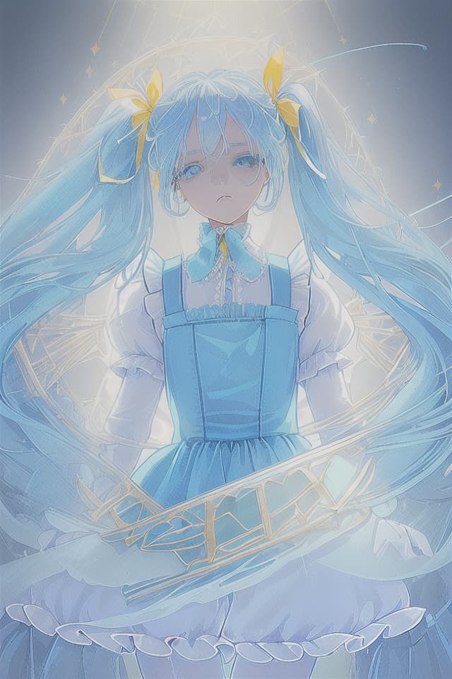  ((Transparent girl overflowing with light blue)){blue hair twin tail,face with gentle atmosphere,(blue eyes,sparkling eyes),clothes frilly with ribbons & lace}((overall blue and yellow image)),high resolution,absurd,adopted,detailed,detailed,top quality,masterpiece,