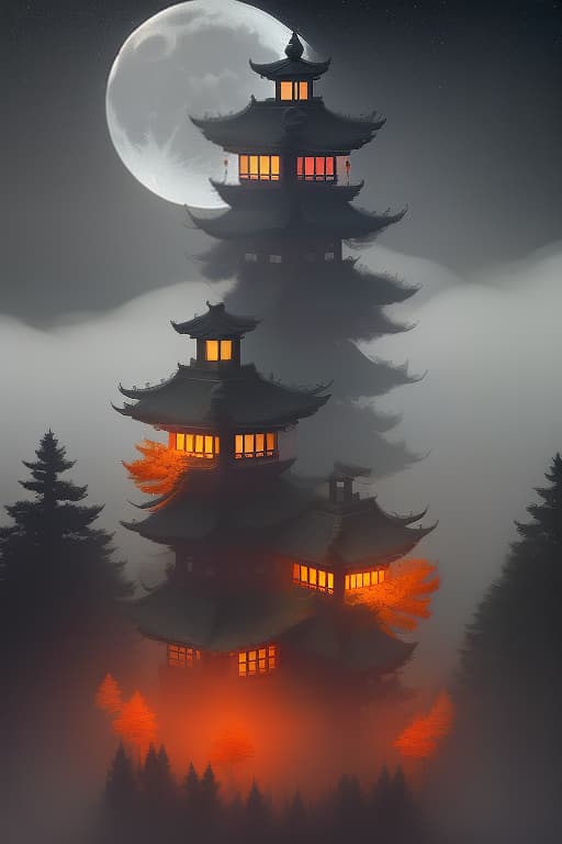  autumn night, moon over pine trees, fog, forest, chinese style