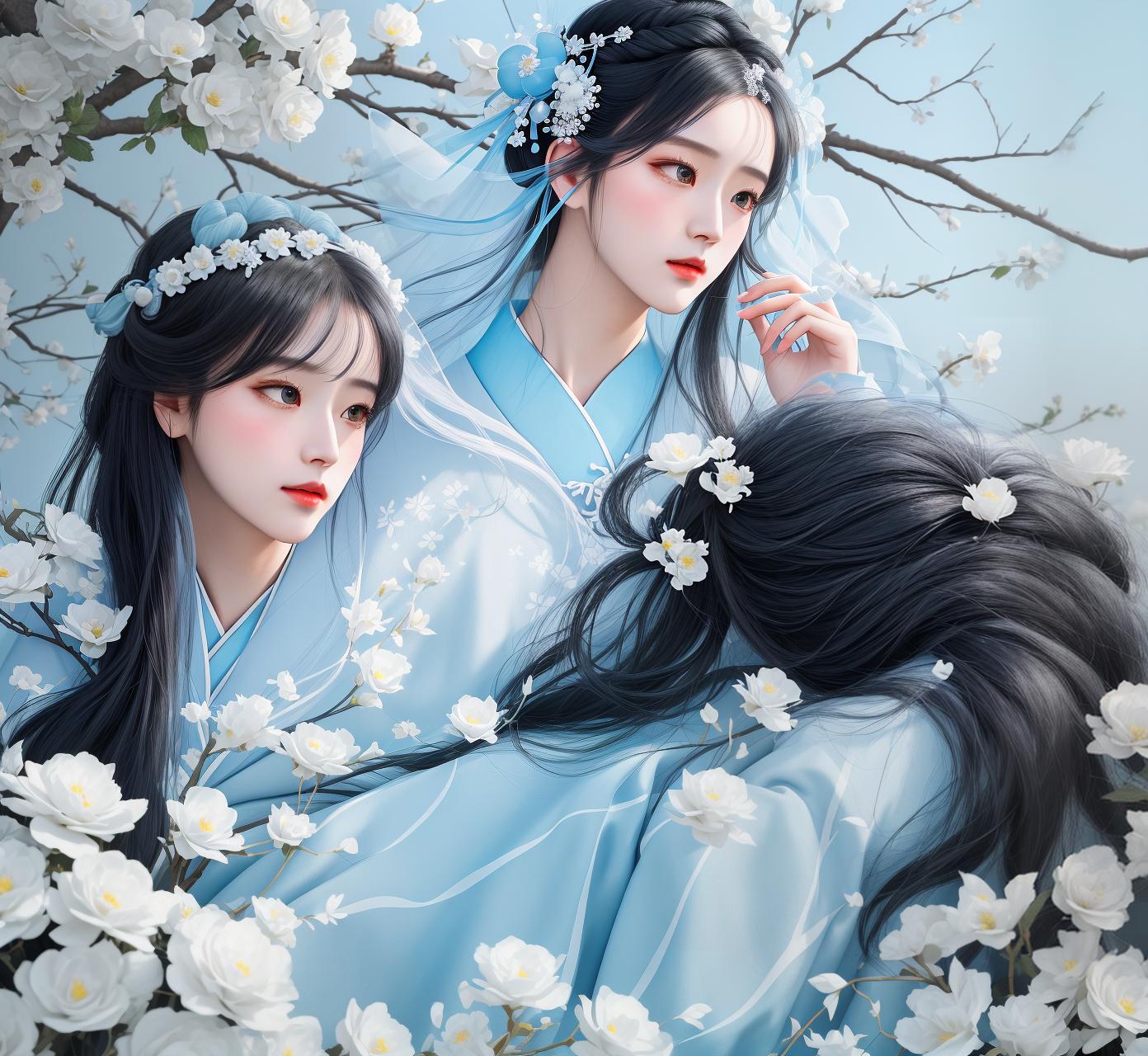  masterpiece, best quality, (fidelity: 1.4), best quality, masterpiece, ultra high resolution, poster, fantasy art, very detailed faces, 8k resolution, chinese style, an woman, side face, quiet, light blue hanfu, tulle coat, long black hair, light blue fringed hair ornament, hairpin, white ribbon, white flower bush, light blue butterfly flying, cinematic lighting effects