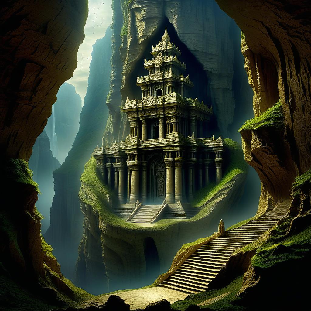  fantasy world. a temple carved into a cliff by the god of life and death