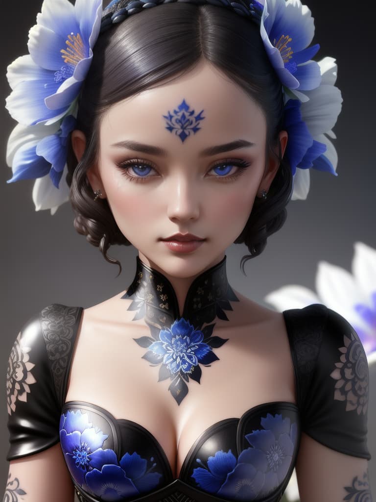  Close-up porcelain female figurine, looking to the camera, glossy surface, glaze, shiny, blue floral tattoos on her, dark gradient background, baroque dark style, hyperrealistic, CG society, intricate details