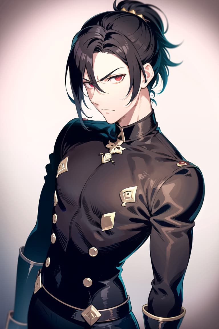  master piece , best quality,image/the character "felix" from the game fire emblem three houses.he is man. his hairstyle is a short black ponytail. he has red, slanted eyes. he has a furrowed brow, which makes him look a bit intimidating. he has his hair tied up high. he has wrinkles under his eyes.