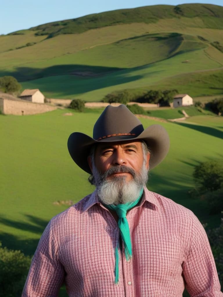  un hombre de pie en un paisaje rural lleva una camisa de cuadros y un sombrero de vaquero que refleja la luz del sol. en sus manos sostiene la rienda de un caballo dócil, mostrando la conexión entre ambos. el entorno es cálido con praderas verdes, un cielo despejado y un viejo granero. la escena evoca libertad y esencia del estilo de vida vaquero.